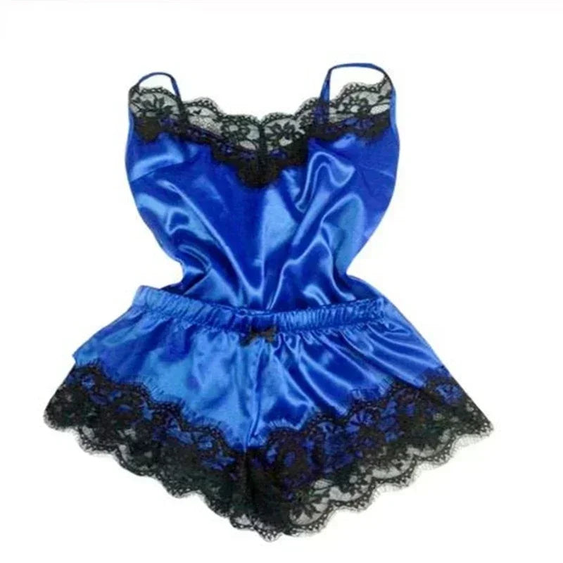 Luxury Satin Lingerie Sleepwear Set – Sexy Lace Trim Cami and Ruffle Shorts Nightwear