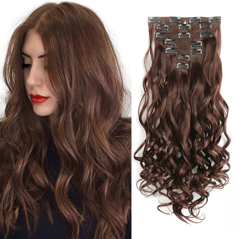 7PCS Clip-In Hair Extensions – 22 Inch Long Curly Wavy Synthetic Hair Pieces