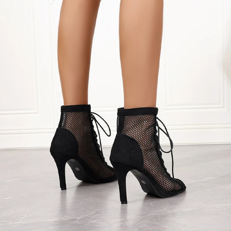 Luxe Mesh Lace-Up Sandals – Sophisticated Peep-Toe Party High
