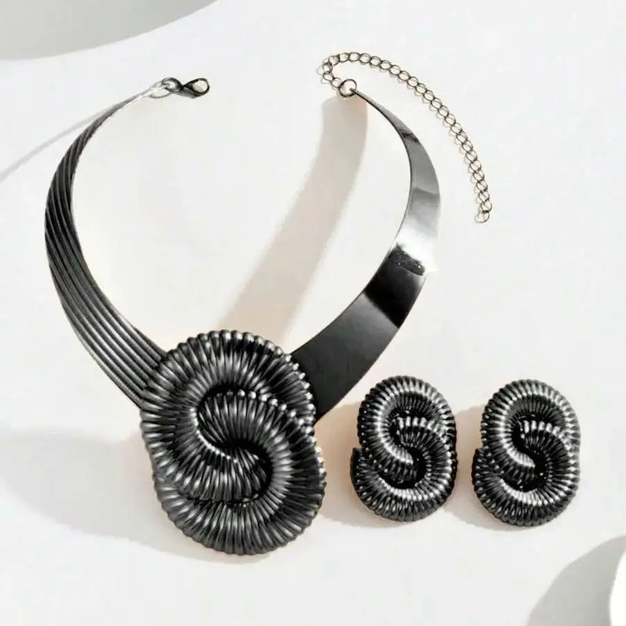 Heavy Metal Swirl Charm Choker & Earrings Set – Elegant Geometric Jewelry Suite Banquet, Party, and Runway Fashion