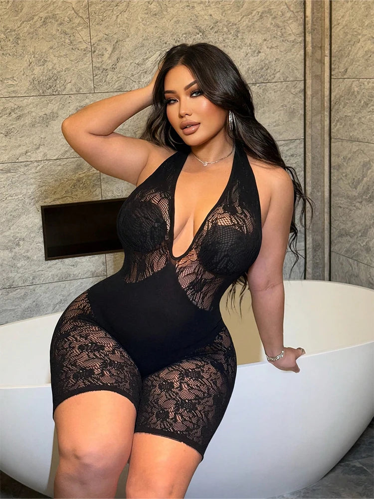 Plus Size Midnight Lace" Halter Bodysuit with Intricate Floral Detail Nightclub Party