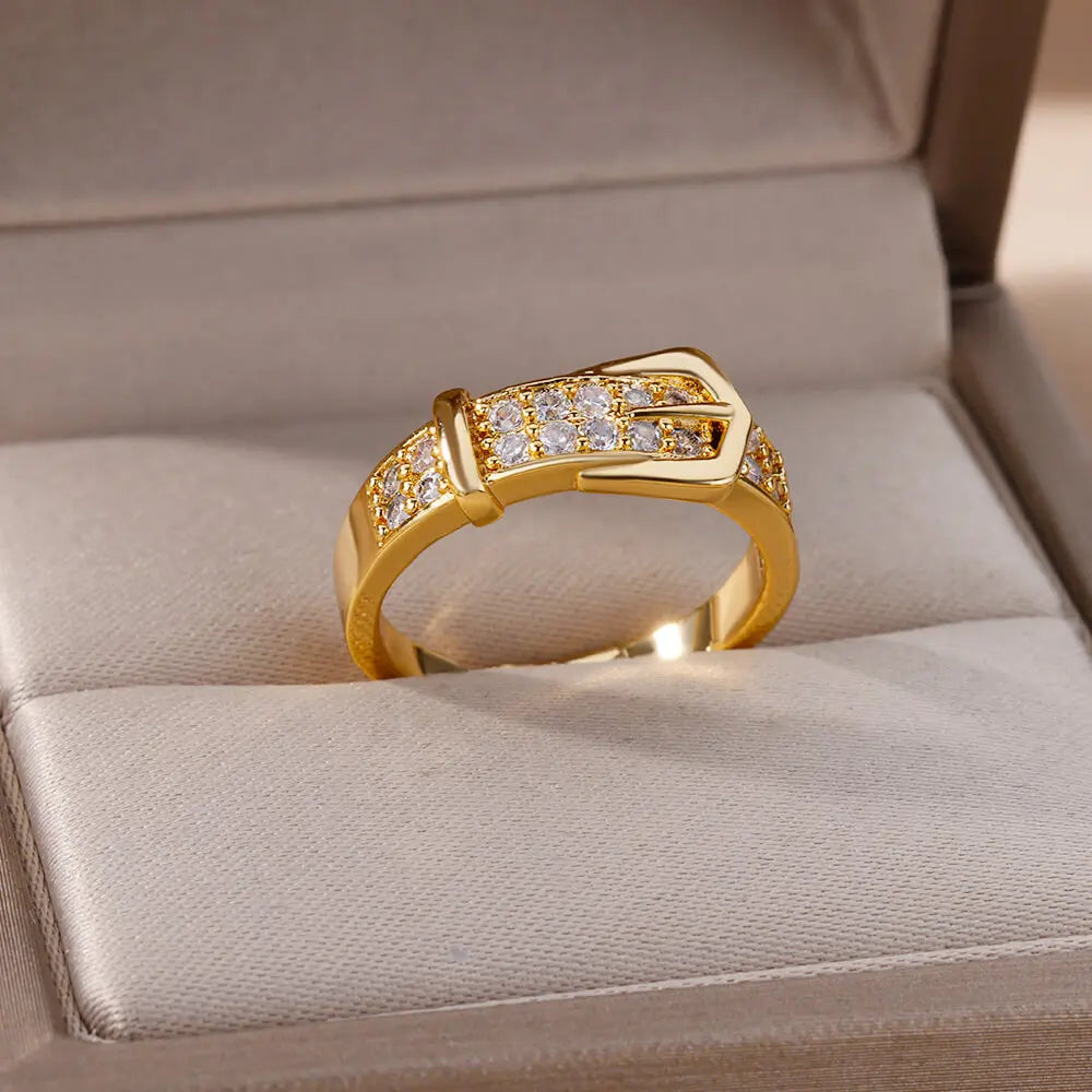 Adjustable Geometric Belt Ring – Tarnish-Free Stainless Steel & Zirconia Wedding Gift