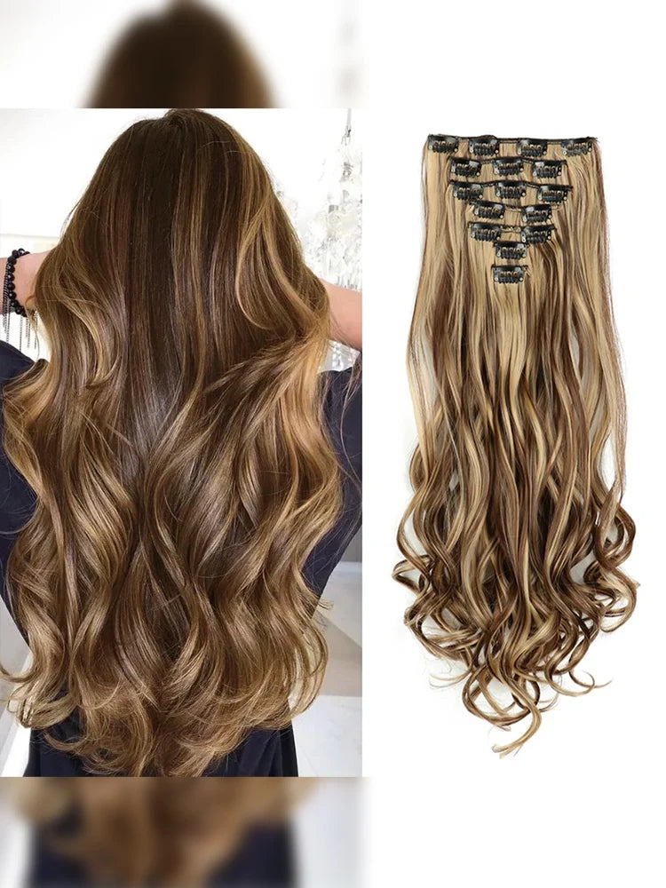 7PCS Clip-In Hair Extensions – 22 Inch Long Curly Wavy Synthetic Hair Pieces