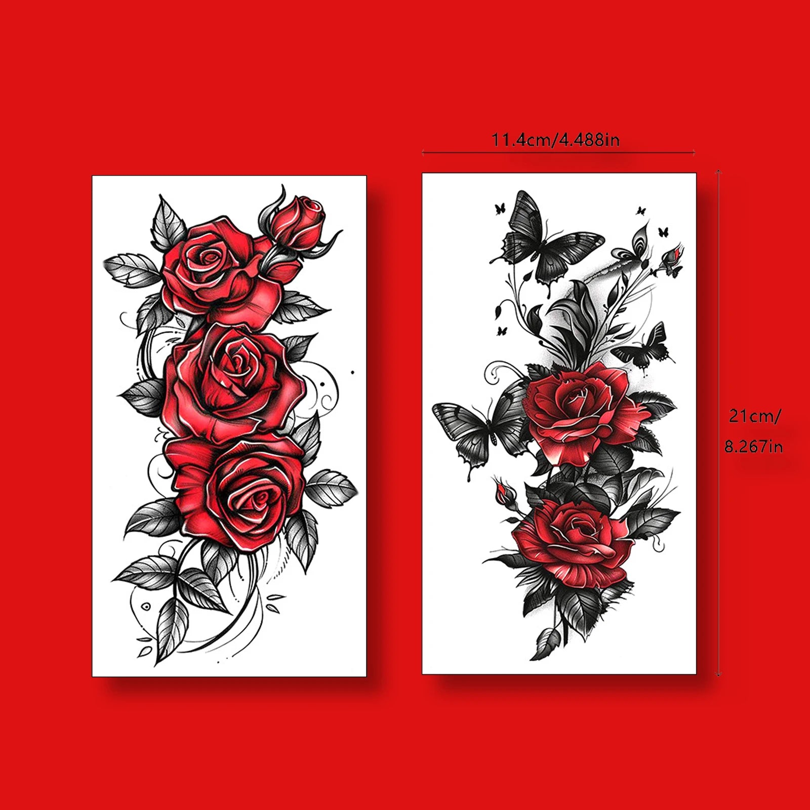 2-Sheet Red Floral Butterfly Temporary Tattoo – Waterproof & Long-Lasting Scar Concealment Stickers