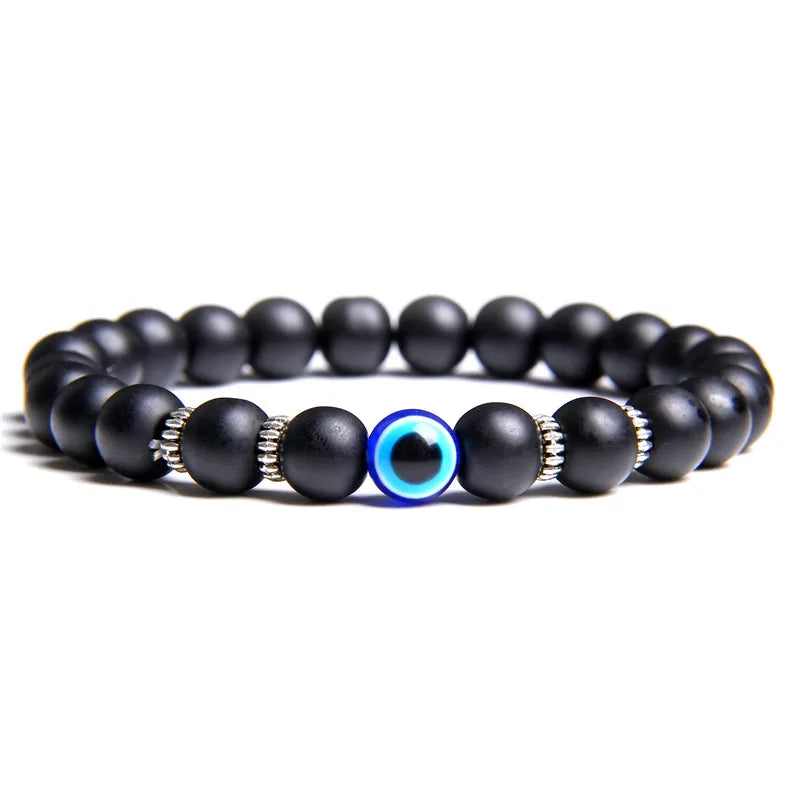 Handmade Evil Eye Natural Stone Bracelet Set – Elastic Lava Rock and Hematite Multilayer Jewelry