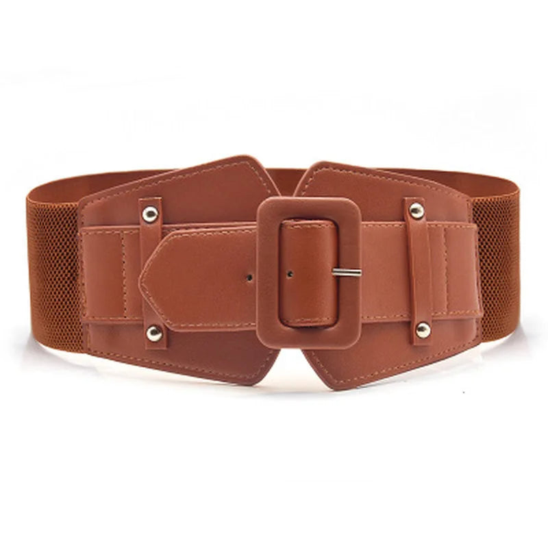 Wide Elastic Corset-Style Cinch Belt with Rectangular Buckle