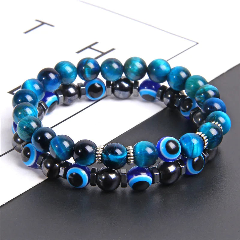 Handmade Evil Eye Natural Stone Bracelet Set – Elastic Lava Rock and Hematite Multilayer Jewelry