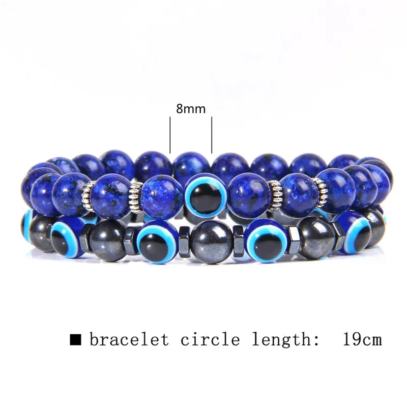 Handmade Evil Eye Natural Stone Bracelet Set – Elastic Lava Rock and Hematite Multilayer Jewelry