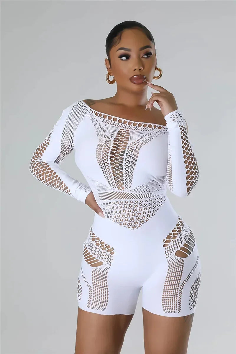 Sexy Black or White Club Outfits Jumpsuit  Long Sleeves Mesmerizing Mesh Hollow Stretch Short Rompers