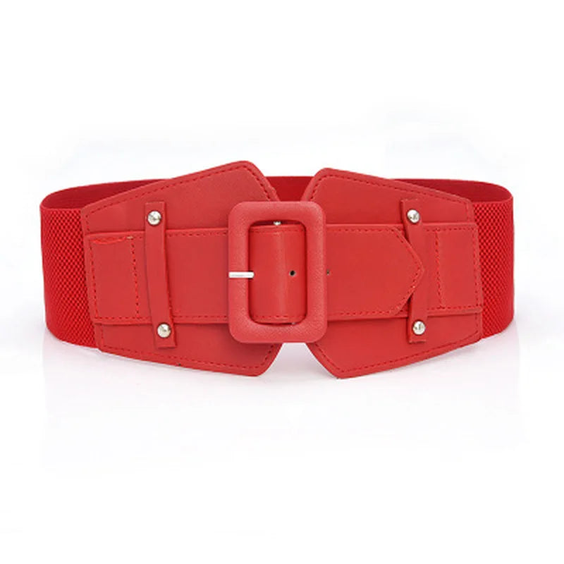 Wide Elastic Corset-Style Cinch Belt with Rectangular Buckle