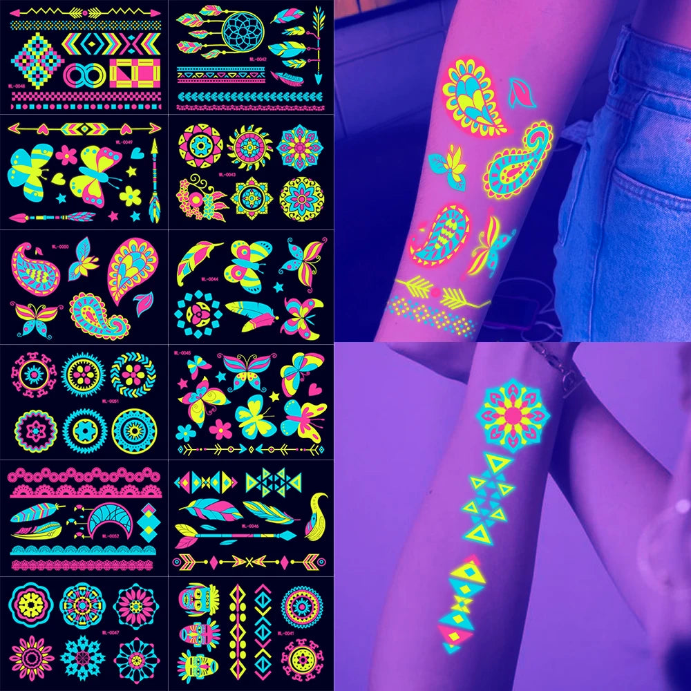 12/24pc Neon UV Glow Tattoos – Fluorescent Body & Face Stickers for Rave Parties, Music Festivals, and Nightclub Glam