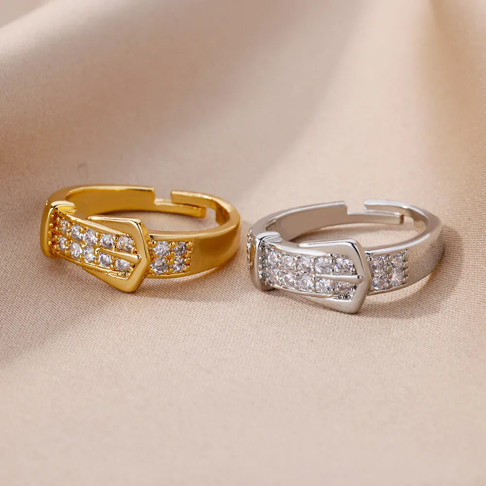 Adjustable Geometric Belt Ring – Tarnish-Free Stainless Steel & Zirconia Wedding Gift