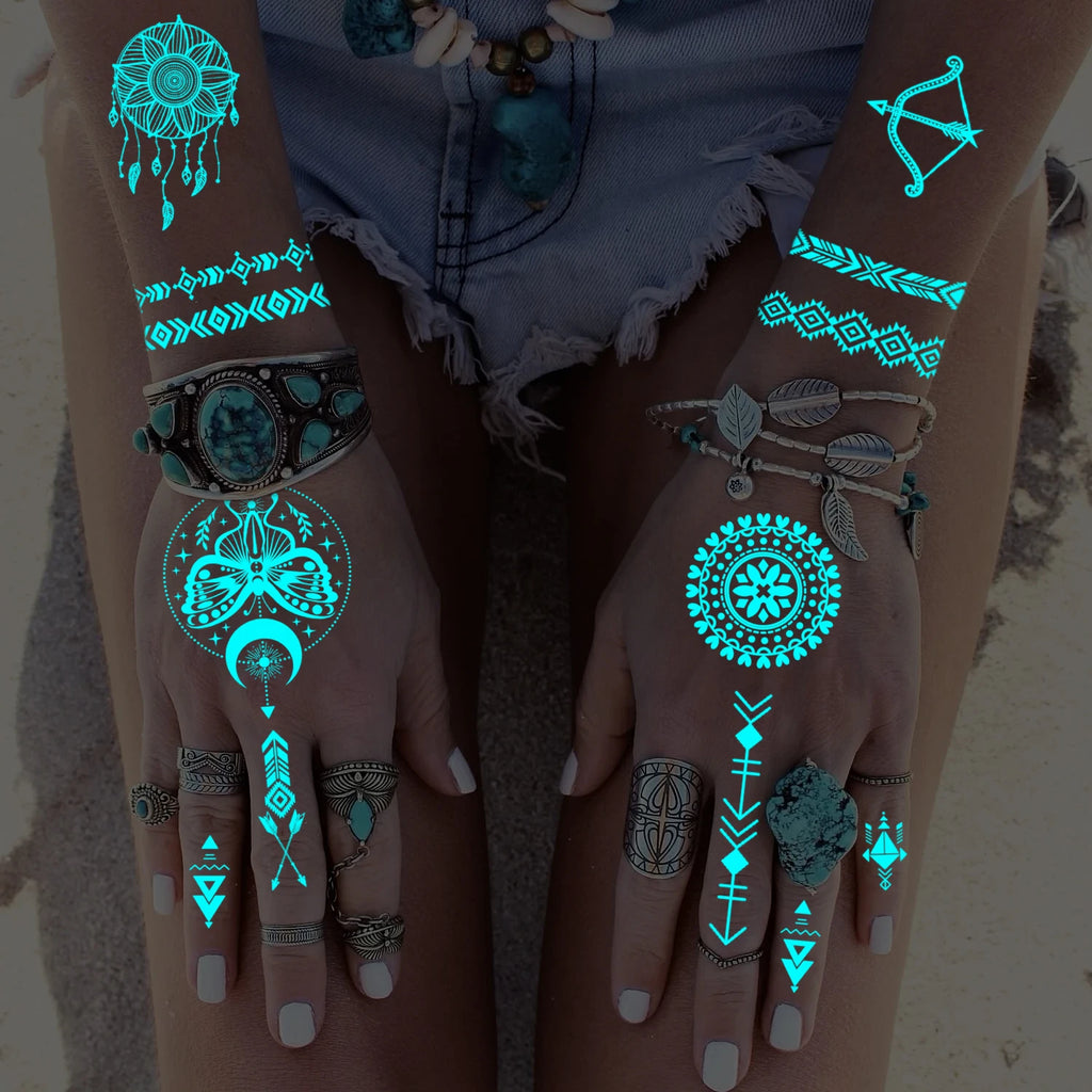 10 Sheets Glow in the Dark Tattoos – Women’s Festival Accessories, Rave Party Body Art, Boho Style Luminous Temporary Stickers