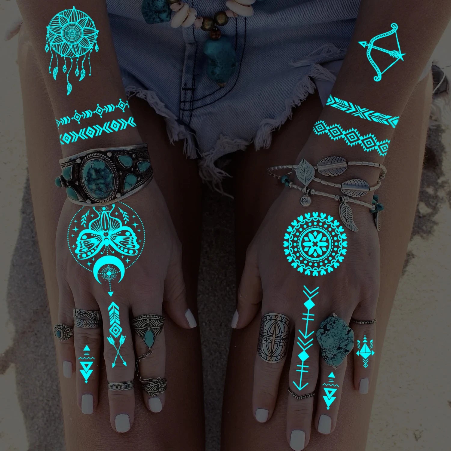 10 Sheets Glow in the Dark Tattoos – Women’s Festival Accessories, Rave Party Body Art, Boho Style Luminous Temporary Stickers