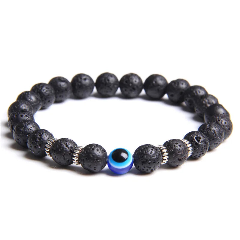 Handmade Evil Eye Natural Stone Bracelet Set – Elastic Lava Rock and Hematite Multilayer Jewelry