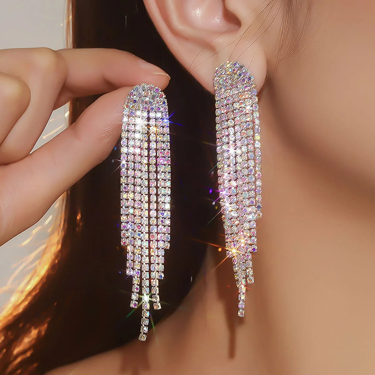 Glamorous Crystal Tassel Dangles  4 Lines Long Rhinestone Evening Earrings