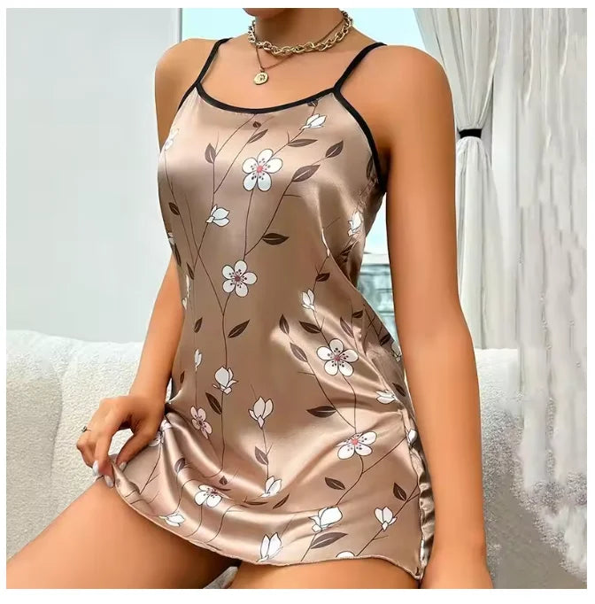 floral-printed satin sling nightgown is a popular choice for sleepwear and loungewear Mini Dress