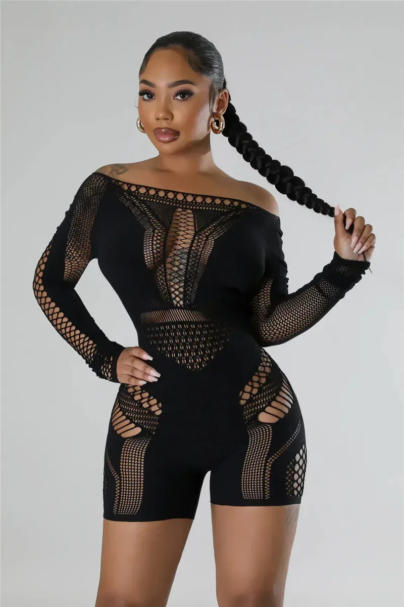 Sexy Black or White Club Outfits Jumpsuit  Long Sleeves Mesmerizing Mesh Hollow Stretch Short Rompers