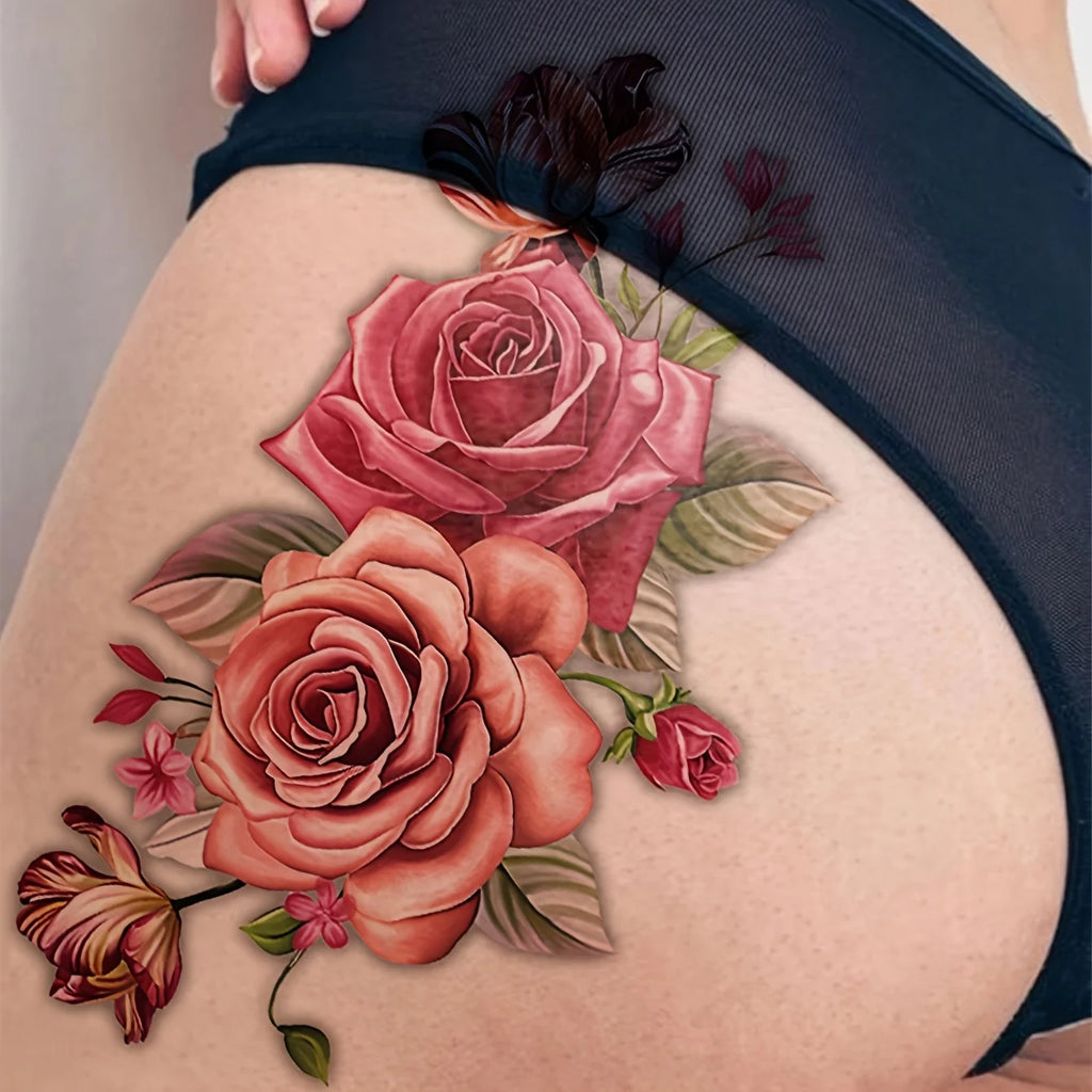 Oversized Romantic Rose Temporary Tattoo Sheet – Bold, Realistic Flower Body Art for Festival Glam & Special Events