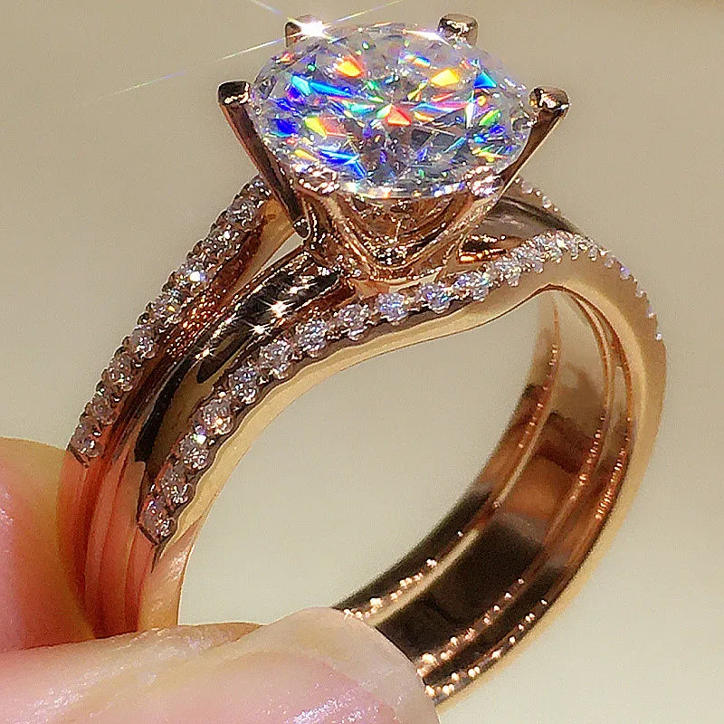 Huitan Classic 6-Claw Rose Gold Cubic Zirconia Ring – Elegant Wedding & Engagement Band