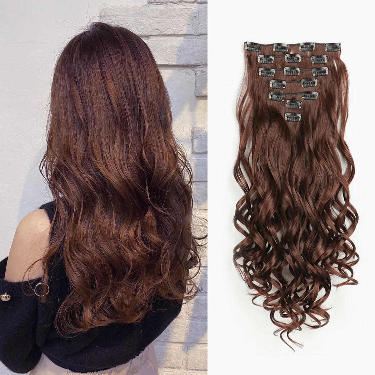 7PCS Clip-In Hair Extensions – 22 Inch Long Curly Wavy Synthetic Hair Pieces