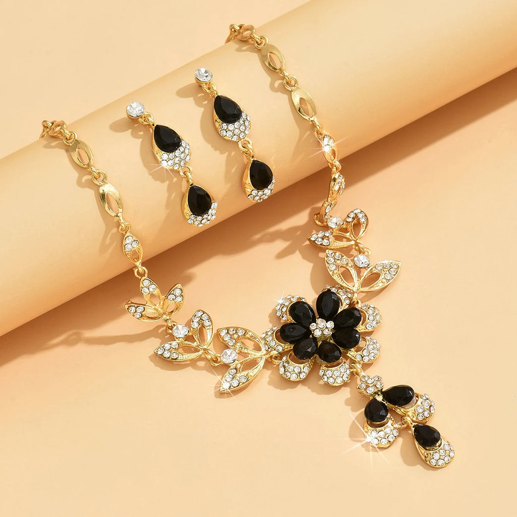 3PC Luxury Rhinestone Floral Necklace & Drop Earrings for Weddings, Banquets, and Festivals