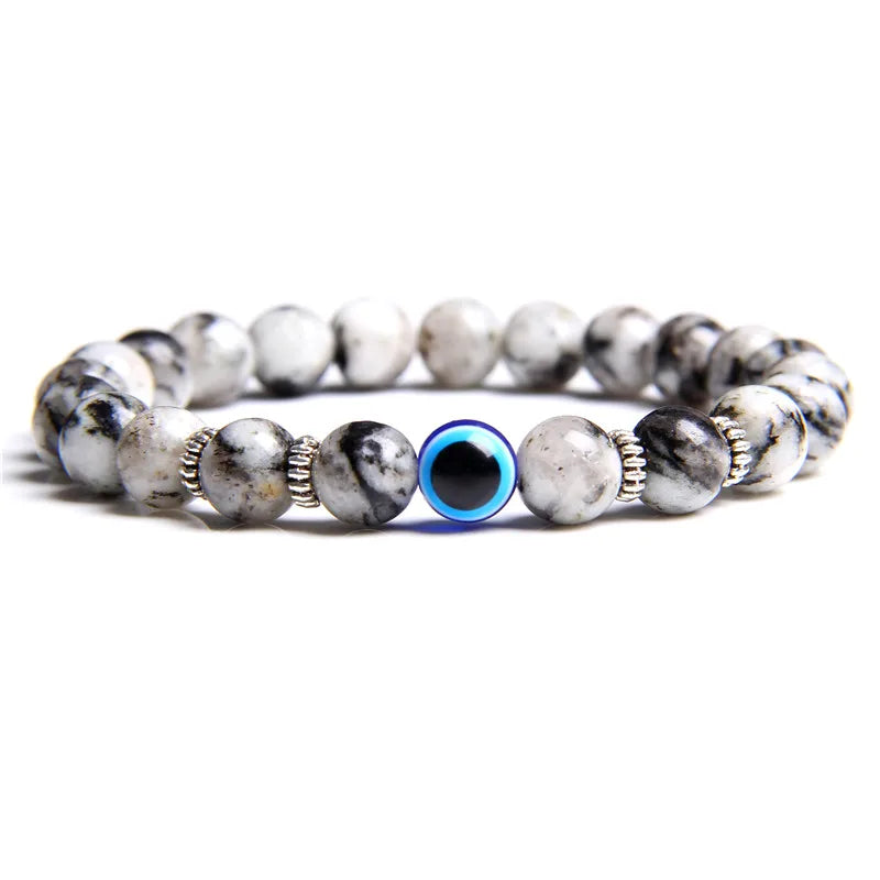 Handmade Evil Eye Natural Stone Bracelet Set – Elastic Lava Rock and Hematite Multilayer Jewelry