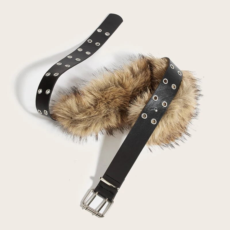 Bohemian Faux-Fur & Grommet Statement Belt – Textured Street-Style Accessory
