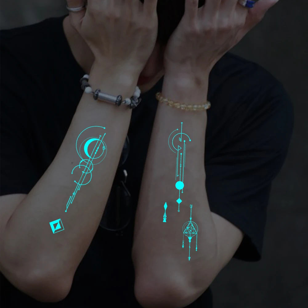 Glow-in-the-Dark Temporary Tattoo Sticker  4pcs Set – Waterproof Geometric Butterfly & Flower Designs