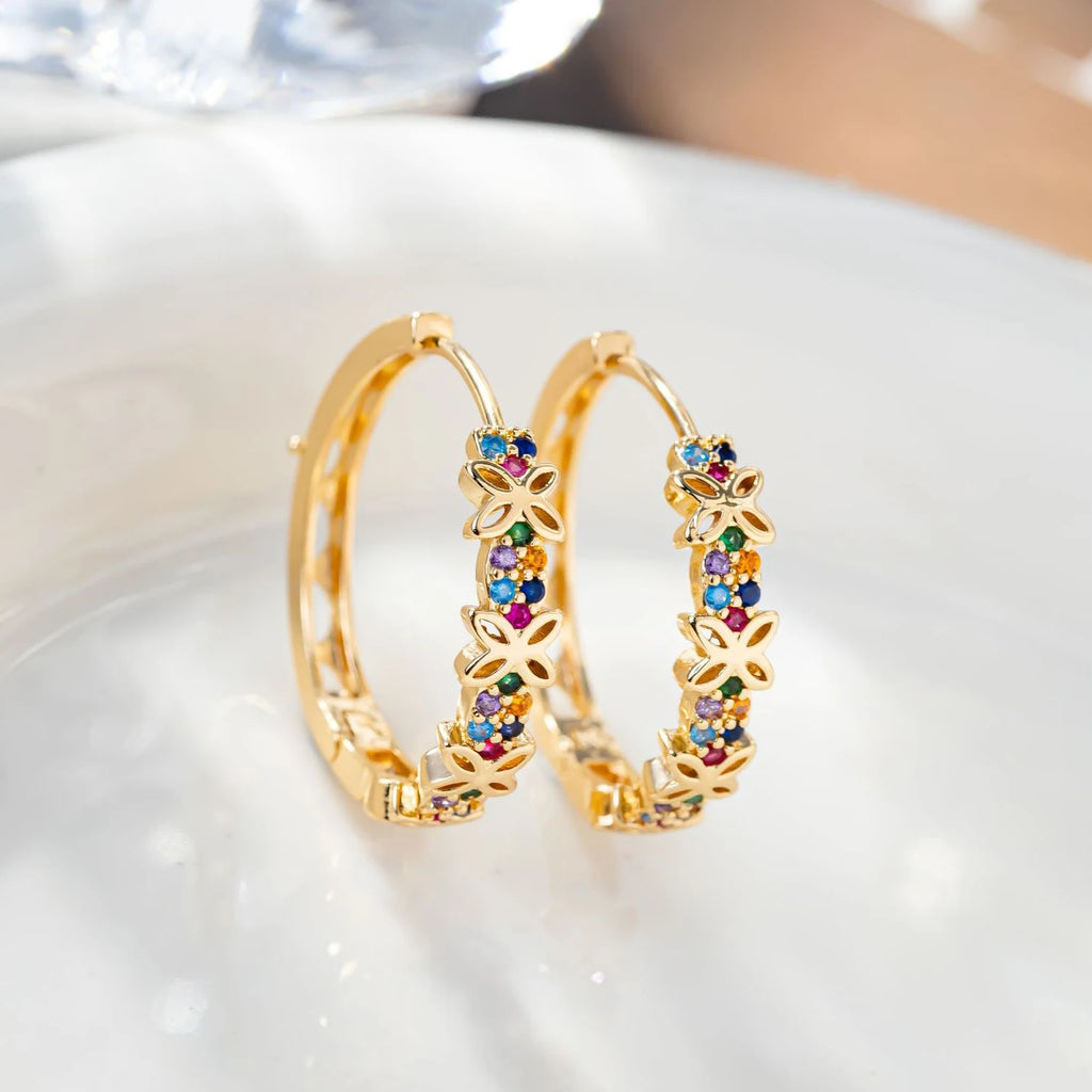 Signature Floral Zircon Hoops – Vibrant Luxury Statement Earrings Rainbow Flower Zircon Stone