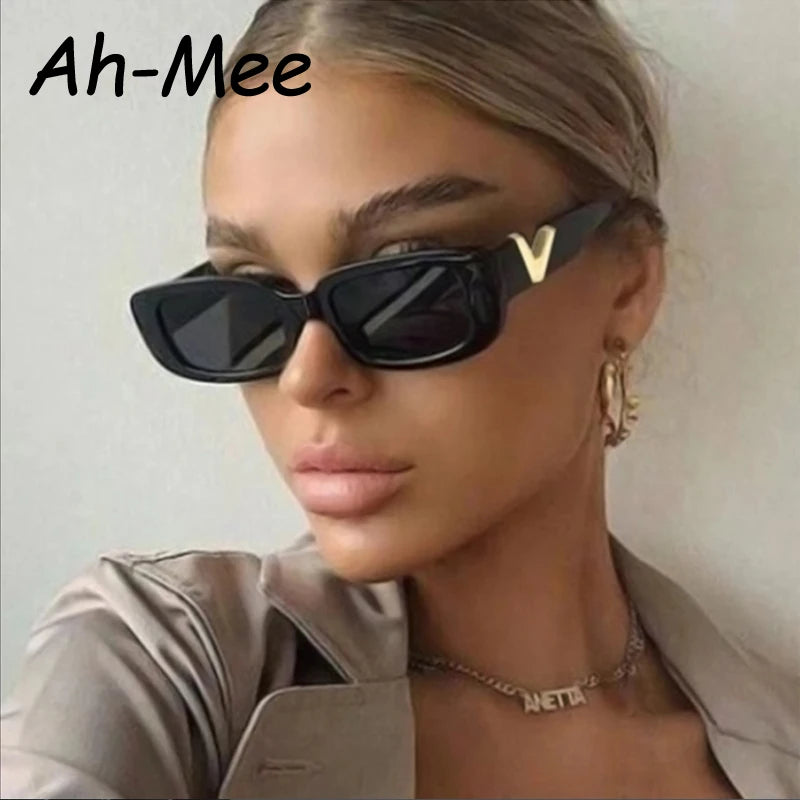 Luxury Urban Chic Rectangular Sunglasses with Gold "V" Detail