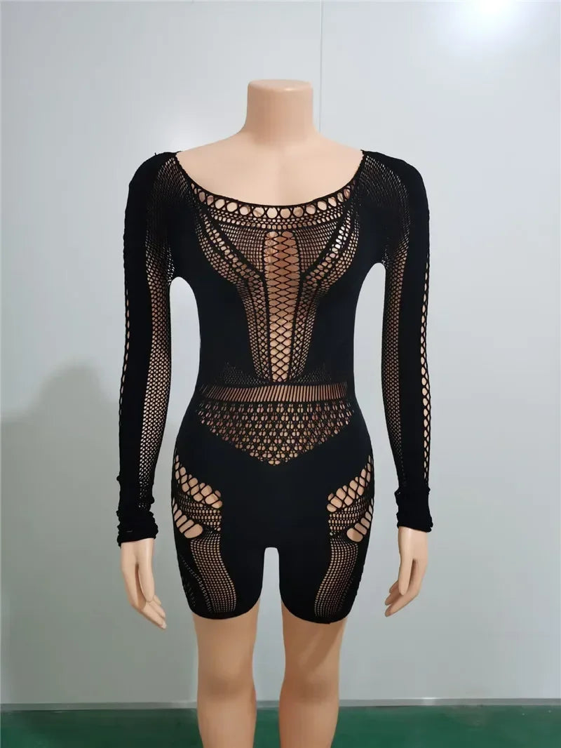Sexy Black or White Club Outfits Jumpsuit  Long Sleeves Mesmerizing Mesh Hollow Stretch Short Rompers
