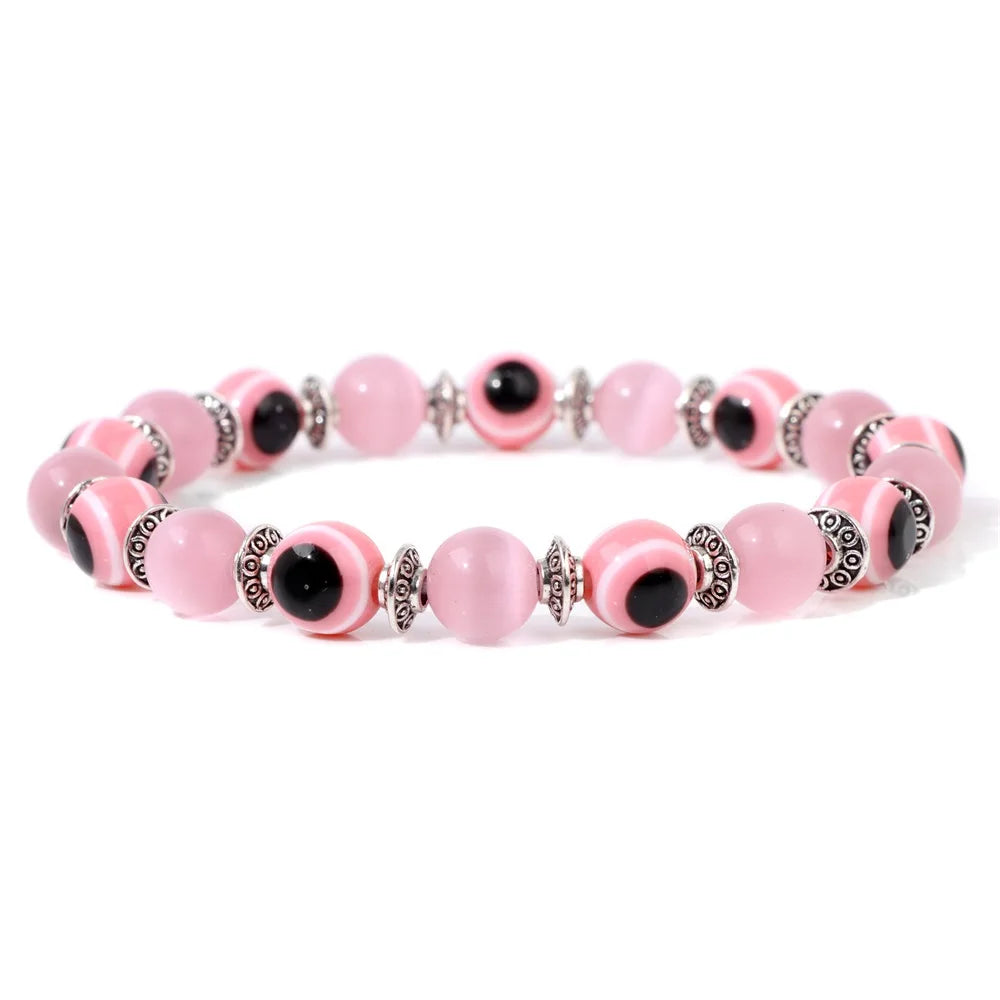 Handmade Evil Eye Natural Stone Bracelet Set – Elastic Lava Rock and Hematite Multilayer Jewelry