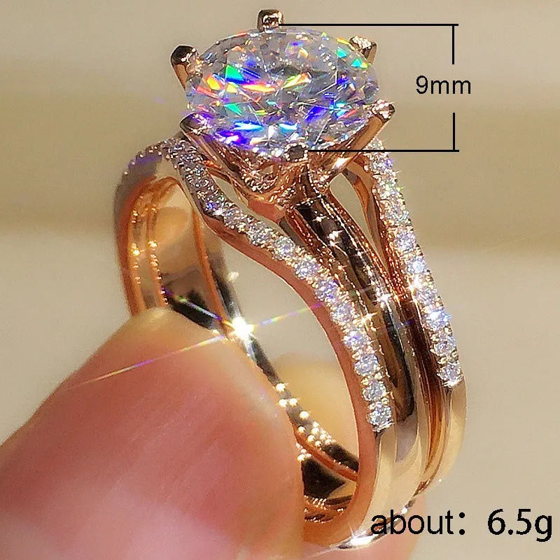 Huitan Classic 6-Claw Rose Gold Cubic Zirconia Ring – Elegant Wedding & Engagement Band