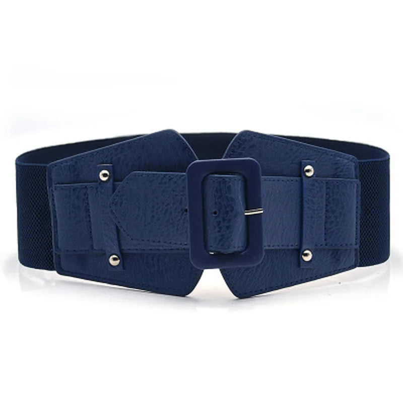 Wide Elastic Corset-Style Cinch Belt with Rectangular Buckle