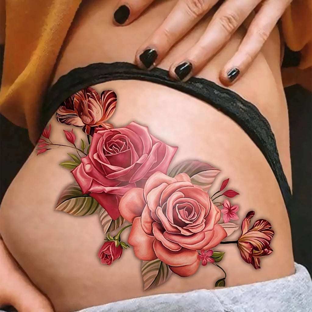 Oversized Romantic Rose Temporary Tattoo Sheet – Bold, Realistic Flower Body Art for Festival Glam & Special Events