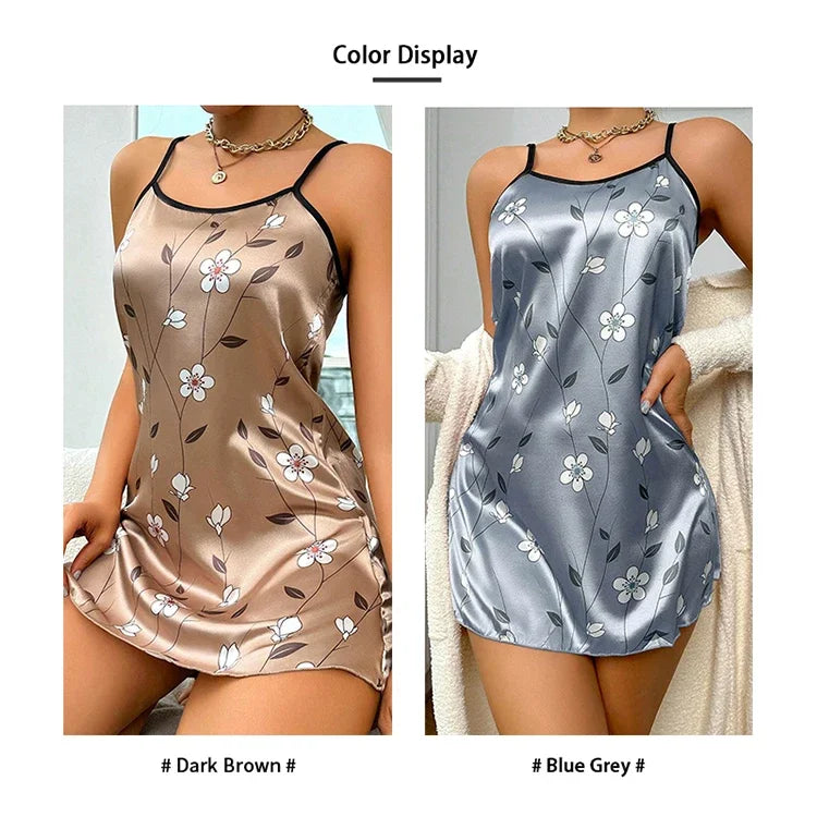 floral-printed satin sling nightgown is a popular choice for sleepwear and loungewear Mini Dress