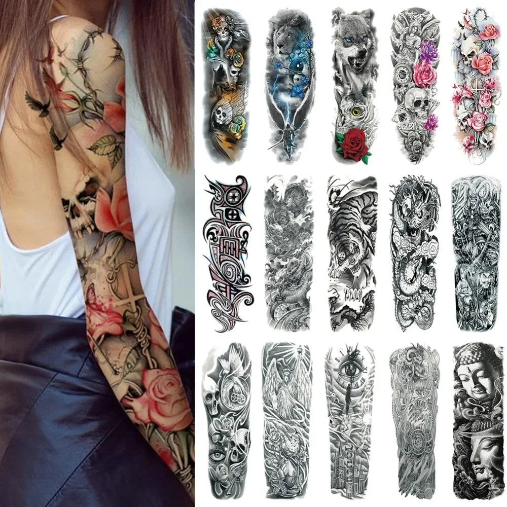 Unisex Full Arm Temporary Tattoo Sticker – Premium Old School Skull Body Art