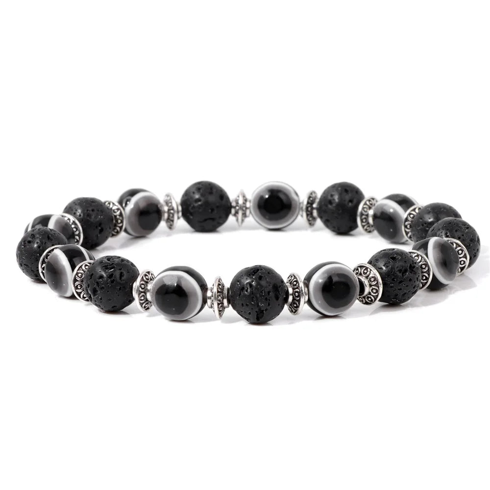 Handmade Evil Eye Natural Stone Bracelet Set – Elastic Lava Rock and Hematite Multilayer Jewelry