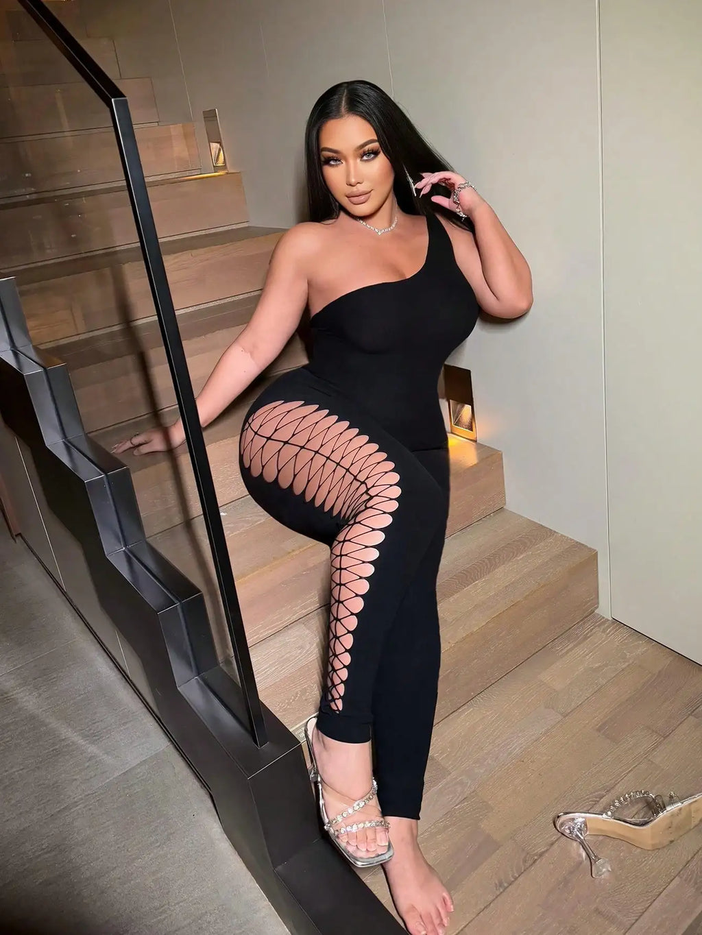 Urban Edge" One-Shoulder Lattice Cutout Jumpsuit