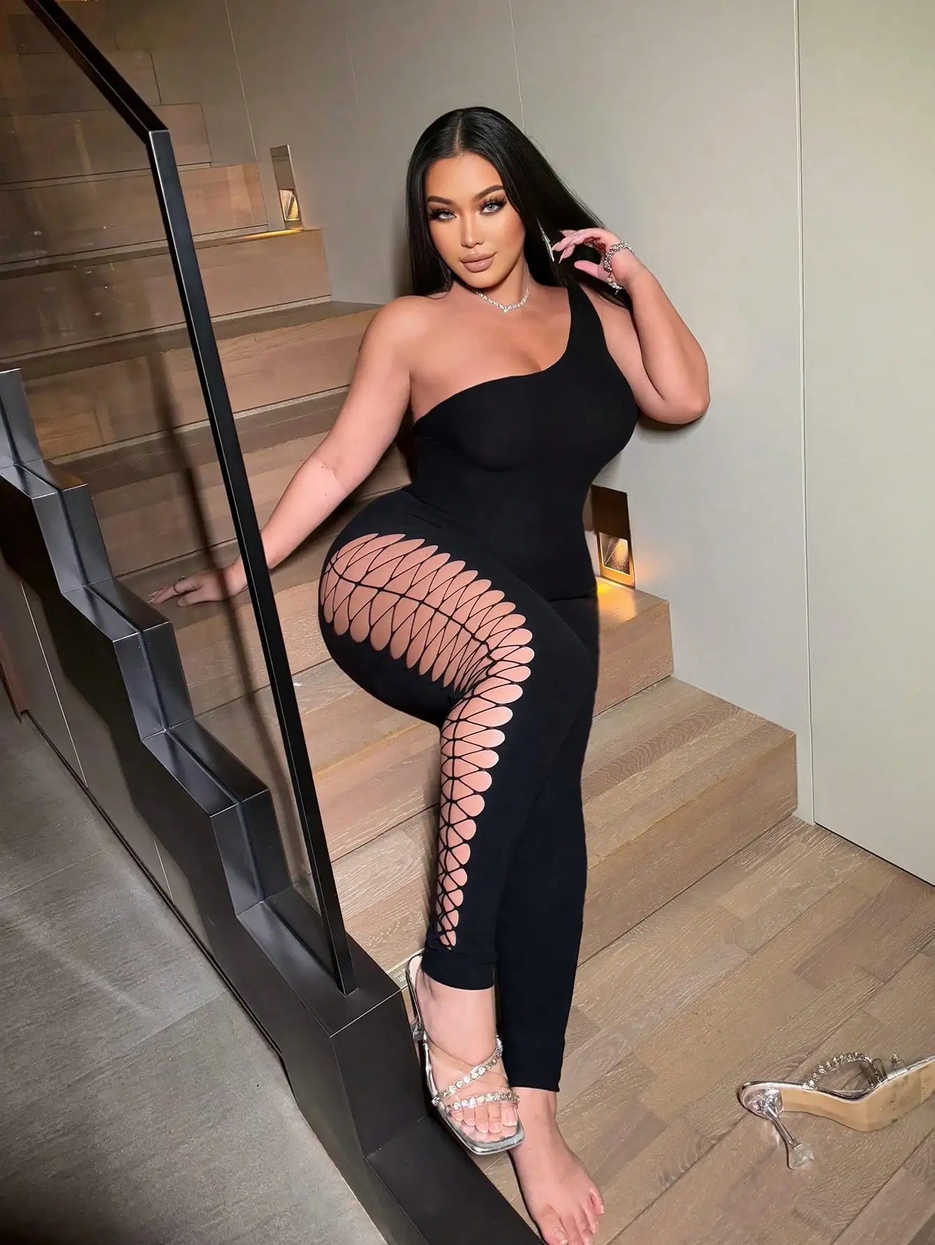 Urban Edge" One-Shoulder Lattice Cutout Jumpsuit