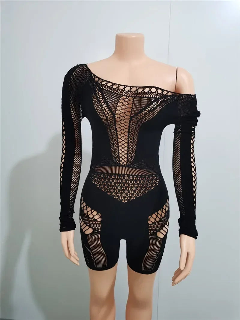 Sexy Black or White Club Outfits Jumpsuit  Long Sleeves Mesmerizing Mesh Hollow Stretch Short Rompers