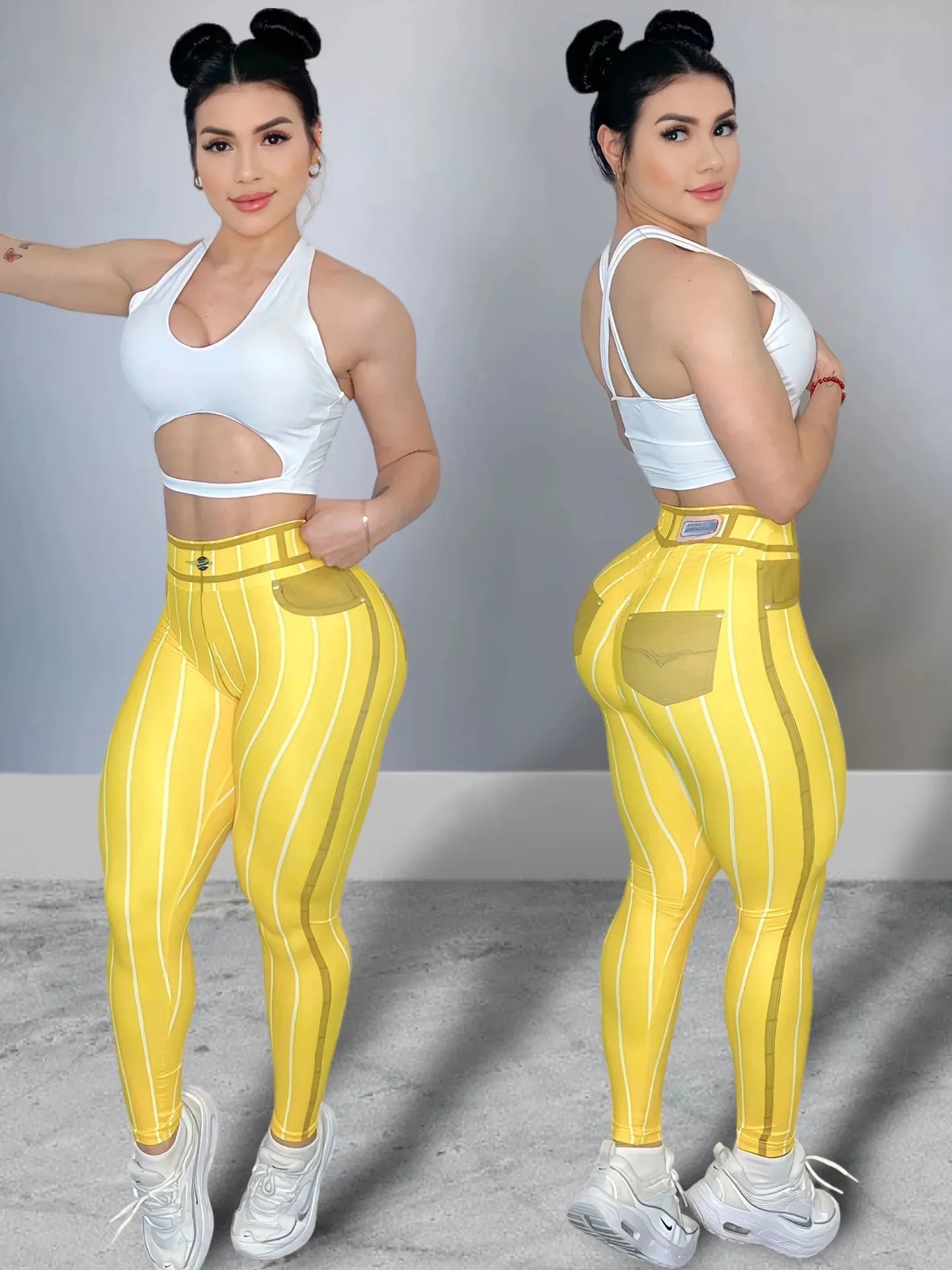 Denim-Look High-Waisted Striped Sculpting Leggings