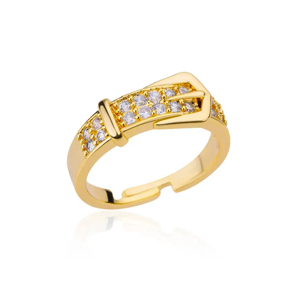 Adjustable Geometric Belt Ring – Tarnish-Free Stainless Steel & Zirconia Wedding Gift