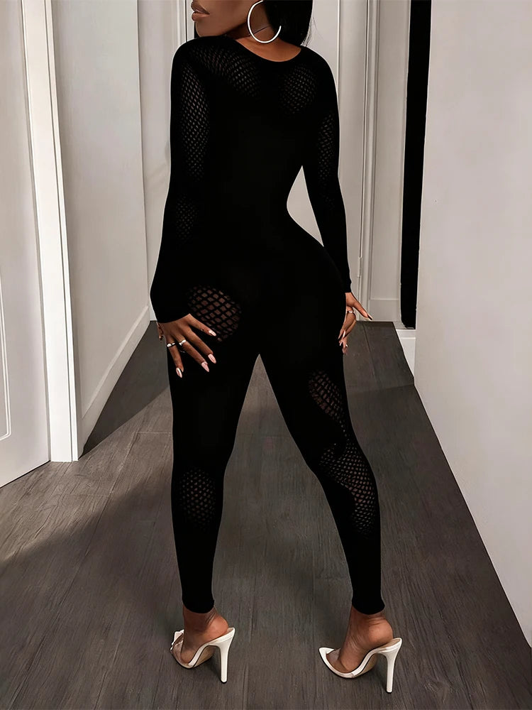 FHSEER  Sexy Jumpsuit Sheer Mesh Long Sleeve Hollow Out Bodycon High-Waist Stretchy Club Party Date Night Out Outfit
