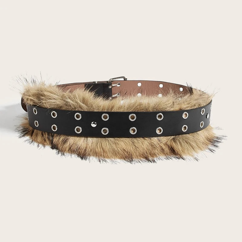 Bohemian Faux-Fur & Grommet Statement Belt – Textured Street-Style Accessory