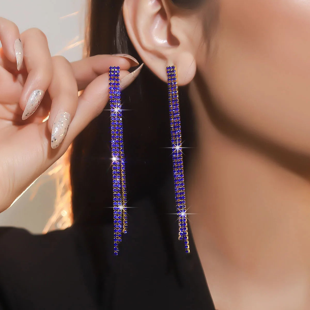 Glamorous Crystal Tassel Dangles  4 Lines Long Rhinestone Evening Earrings