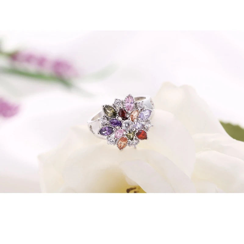Fashion RING 925 Sterling Silver Color Jewelry Colourful Cubic Zirconia Flowe