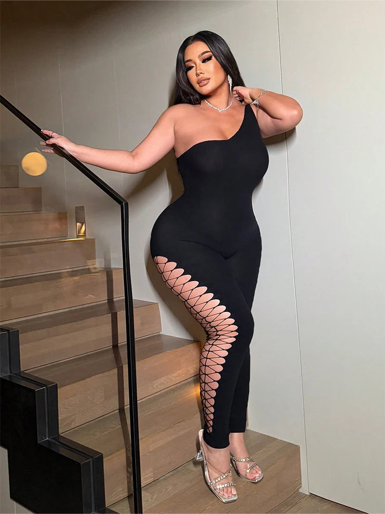 Urban Edge" One-Shoulder Lattice Cutout Jumpsuit