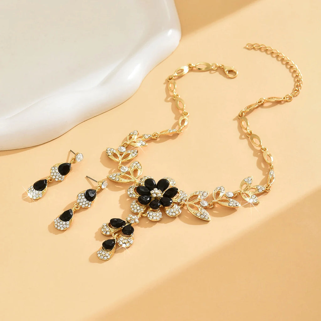 3PC Luxury Rhinestone Floral Necklace & Drop Earrings for Weddings, Banquets, and Festivals